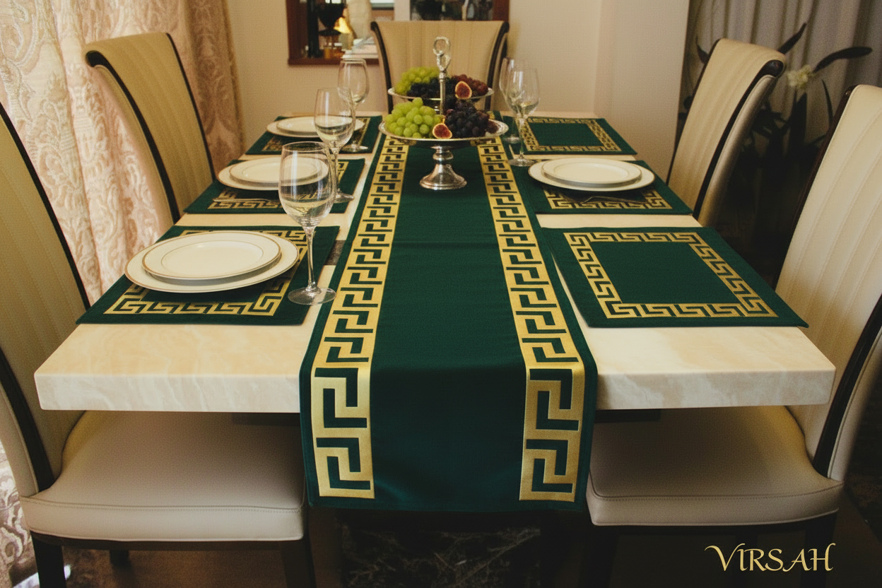 Luxury Velvet Table Runner + 6pc Placemats (Velvet-Green Gold)