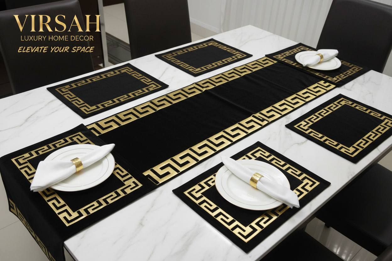 Luxury Velvet Table Runner Greek 6pc Placemats Velvet-All Colour Gold/Silver key